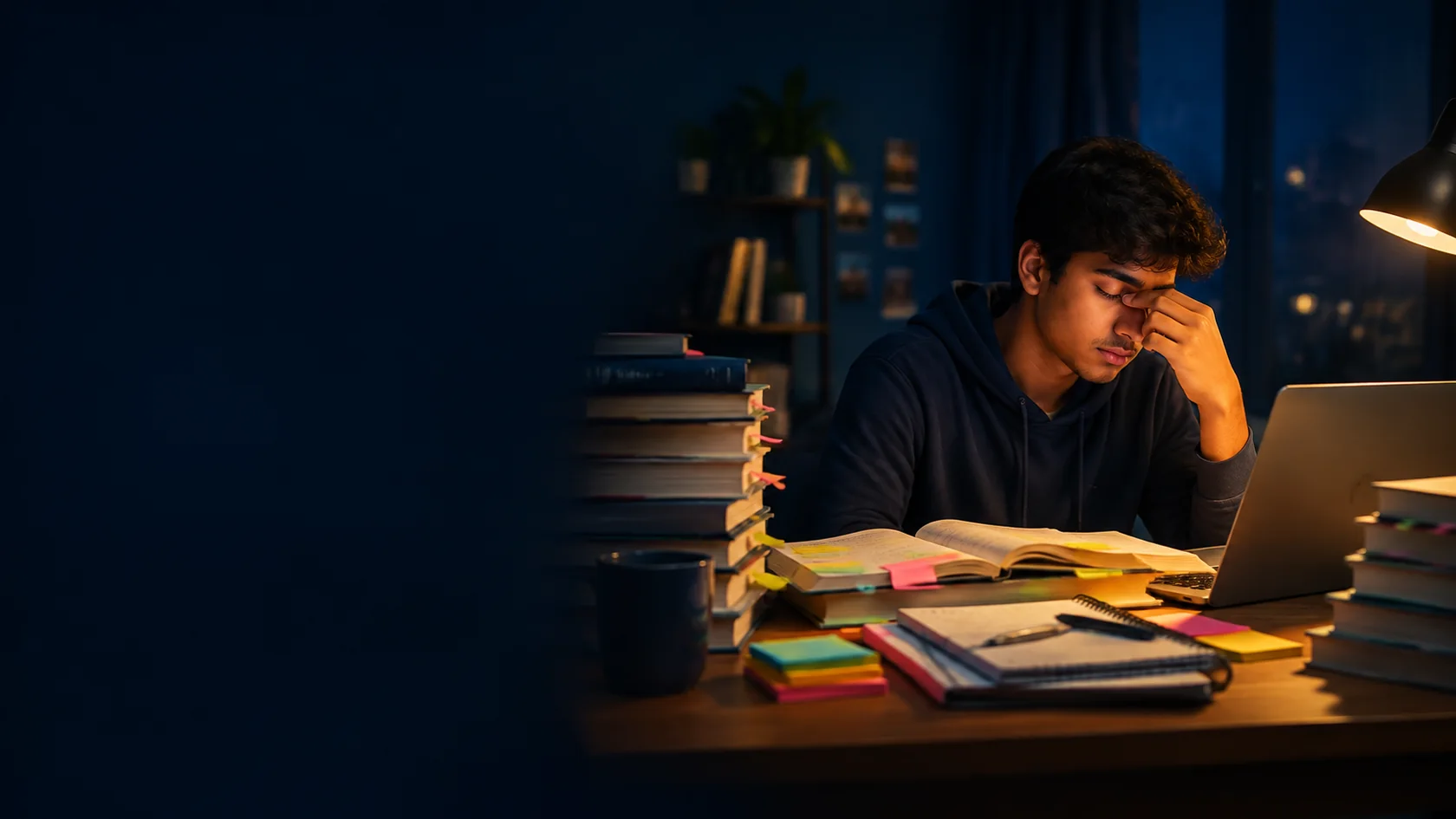 A tired student surrounded by books and sticky notes